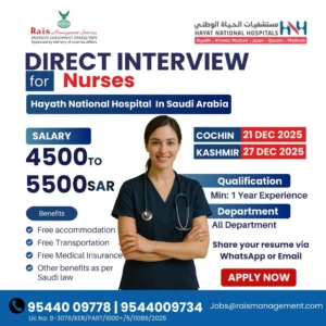 Direct interview for female nurses in Saudi Arabia with Hayat National Hospital
